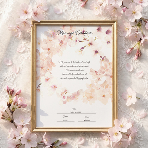 桜の結婚証明書 誓約書 オーダーメイド 春婚のウェルカムスペースにも