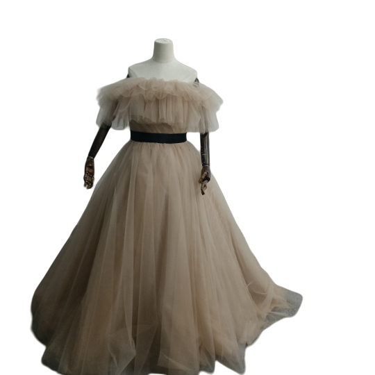 カラードレス カーキ色  オフショルダー グリッターチュール　トレーン　オフショルダー　編上げ