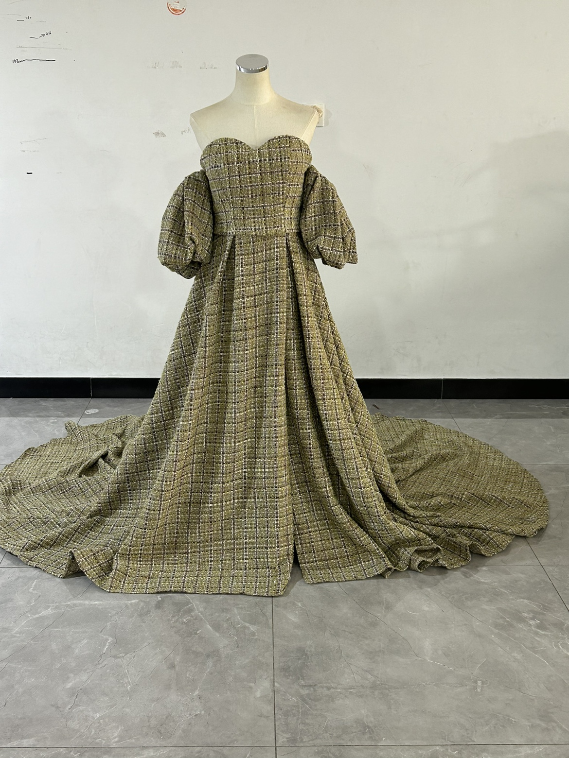 ツイードドレス イエロー ベアトップ パフスリーブ パーティードレス  