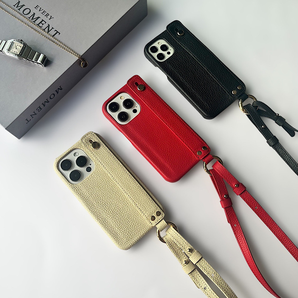 名入れ可　 本革　隠しポケット付き　ハンドベルト付き 　ショルダー　レザーiphoneケース