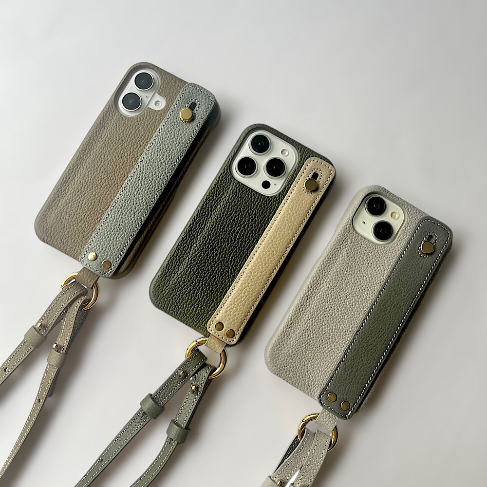 名入れ可　 本革　隠しポケット付き　ハンドベルト付き 　バイカラー　ショルダー　レザーiphoneケース
