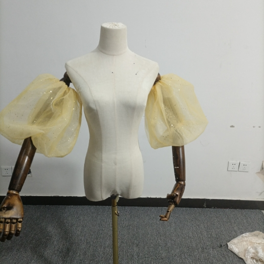 パフスリーブ イエロー キラキラチュール 取り外し袖 ストレッチ お色直し 花嫁