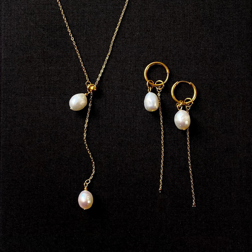 スライド式/淡水パールのサージカルステンレスネックレス&ピアス