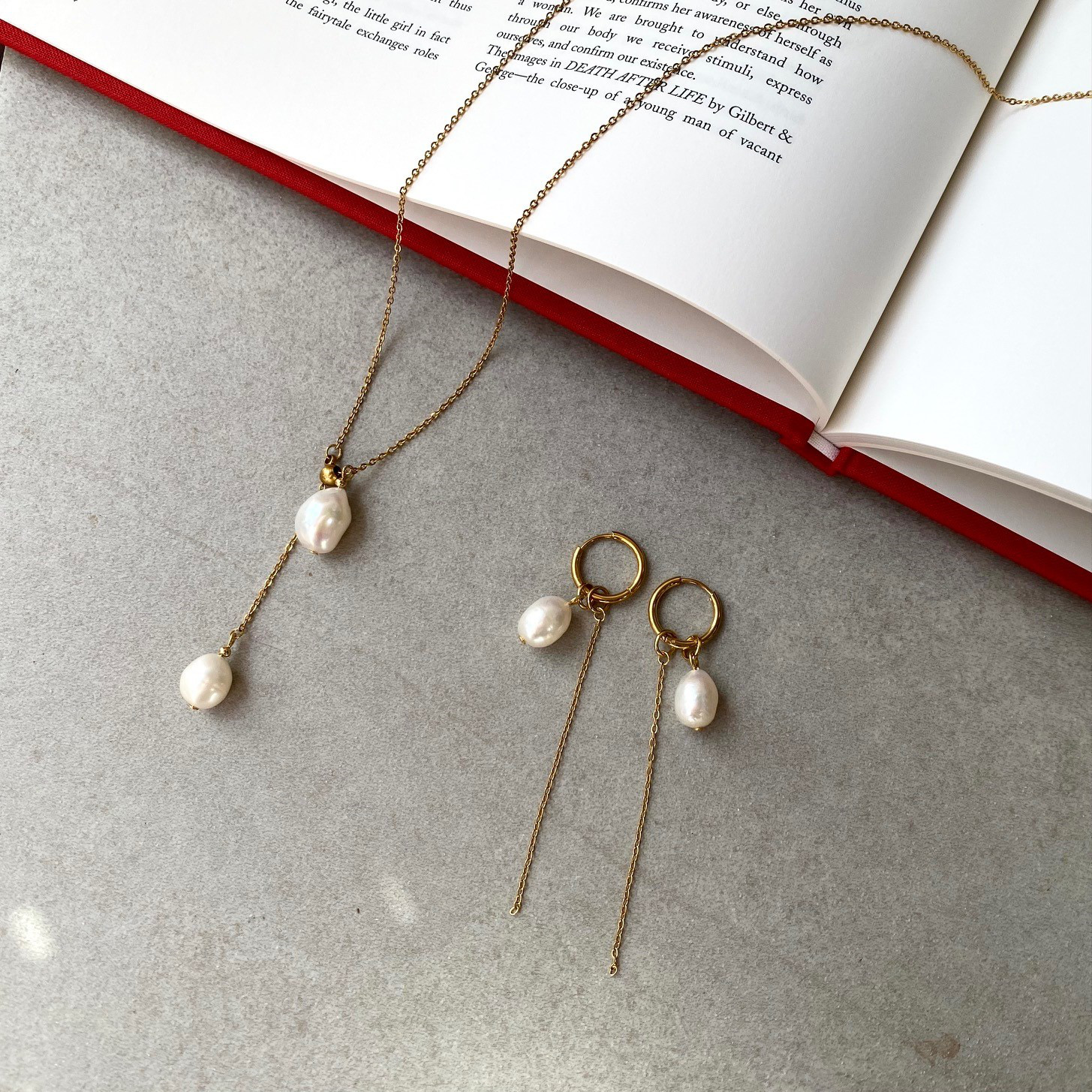 スライド式/淡水パールのサージカルステンレスネックレス&ピアス/イヤリングのセット/ラリエット