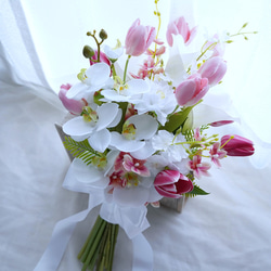 小花ビッグナチュラルブーケブートニア付き紫ピンクホワイト