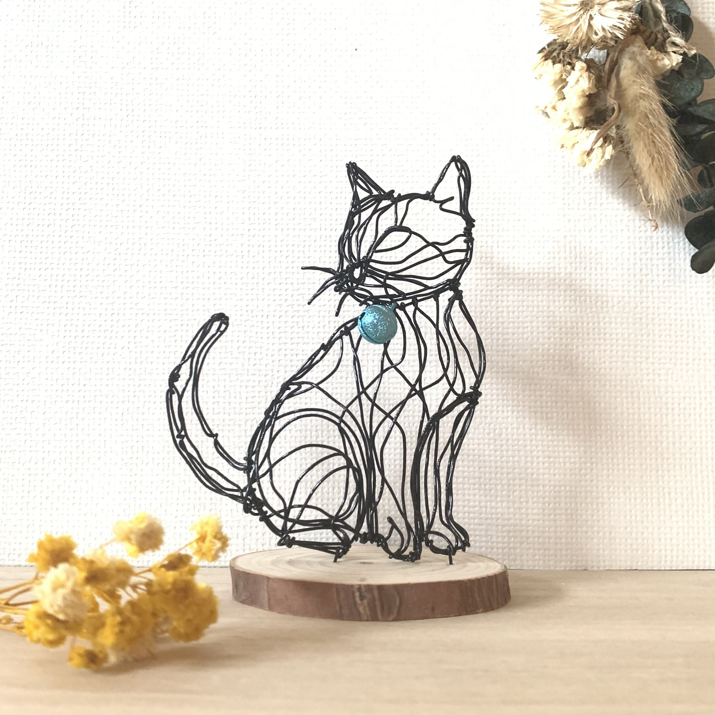 ファッション通販 アネモネと猫　フラワーキャット　横顔　ワイヤークラフト　アート 立体・オブジェ