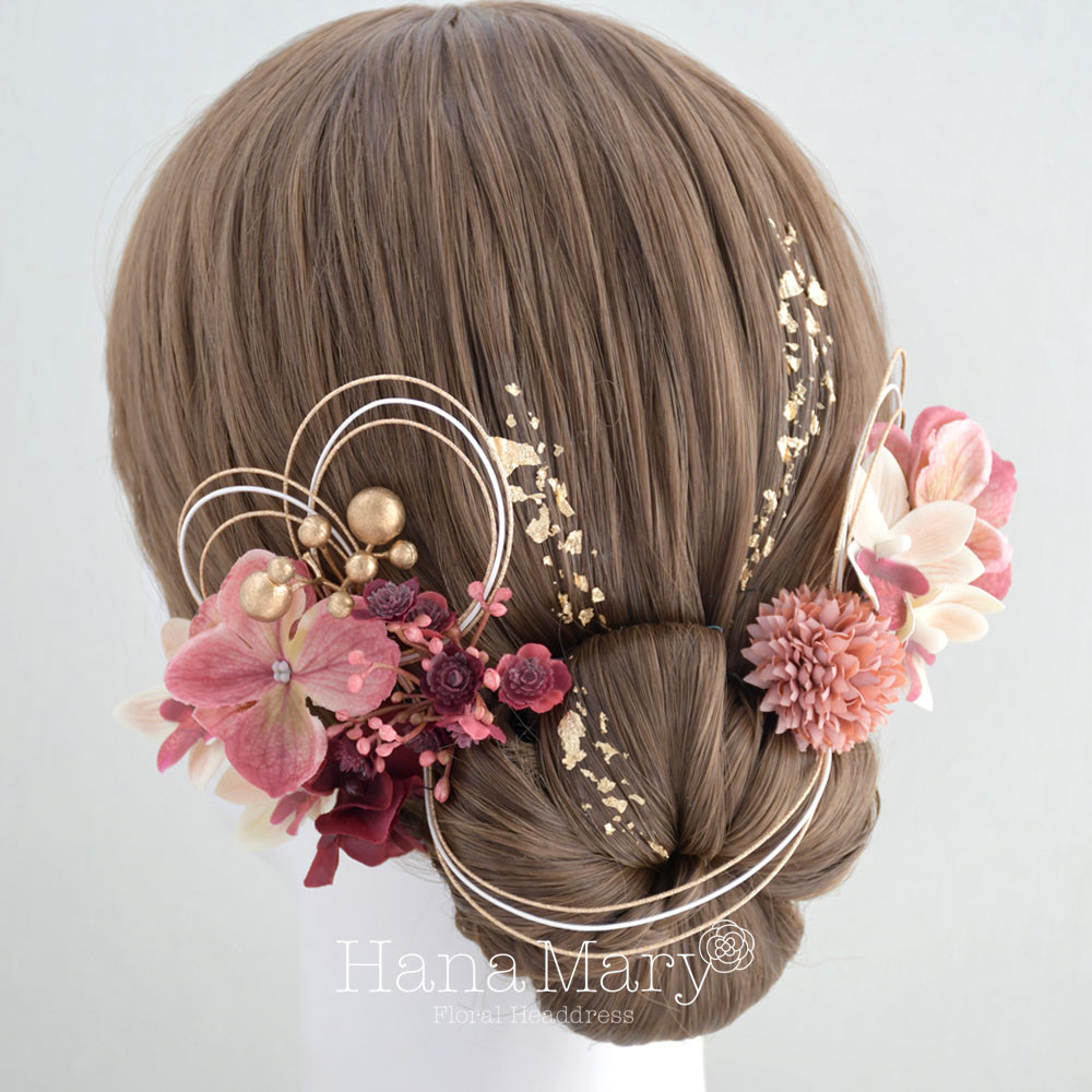 袴　水引きアレンジ　ドライフラワー　ドライ　水引き　卒業式　成人式 髪飾り ボルドー