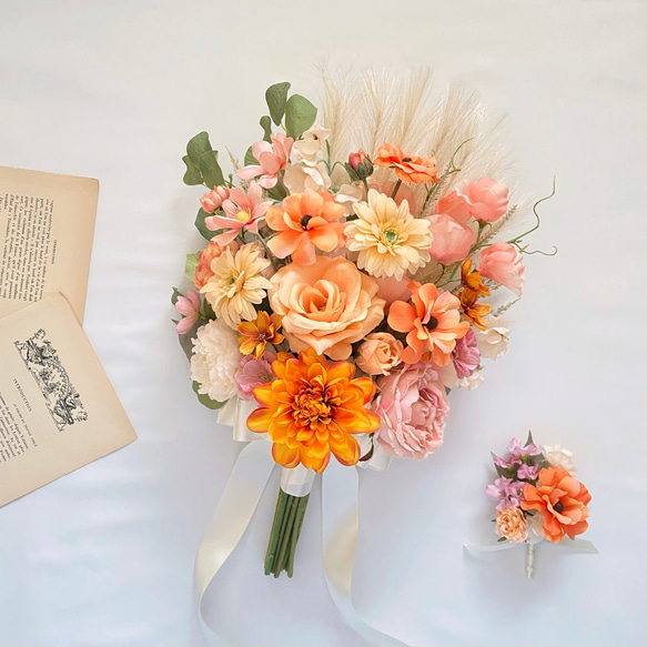 オーダーメイド】オレンジダリアとピンクローズのアンティーク