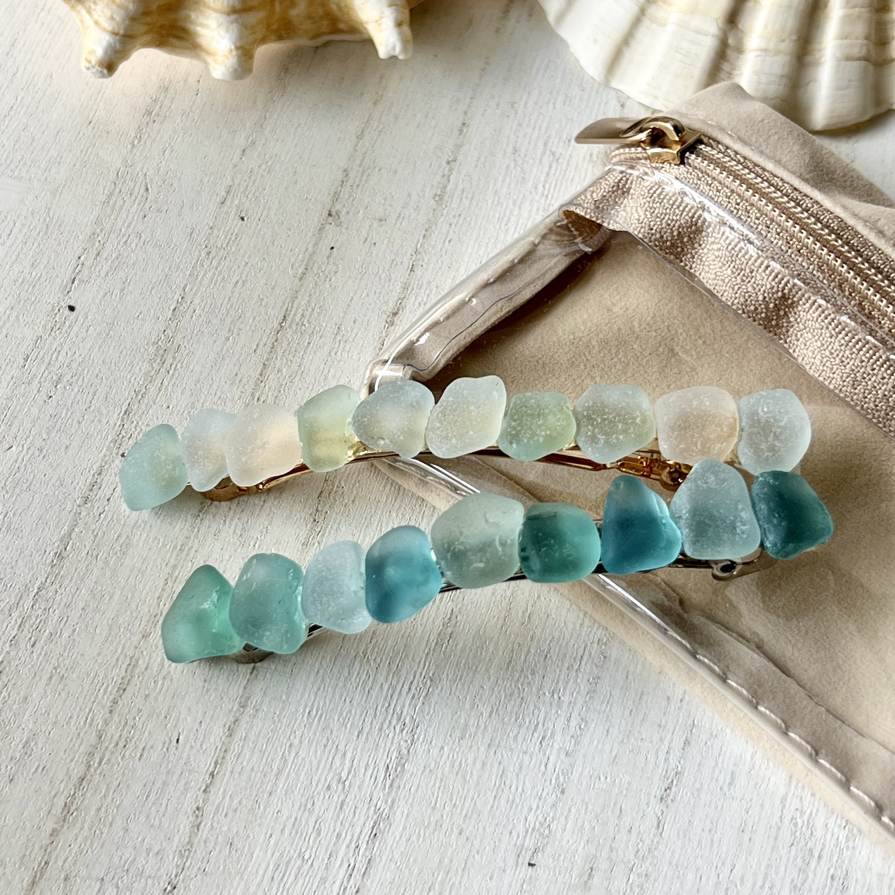 《2本セット》ブルー系ミックスカラーシーグラスのスリムバレッタ