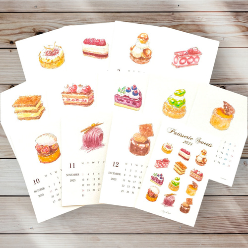 4月始まり：スイーツ卓上カレンダー 2025】水彩 ケーキ カレンダー