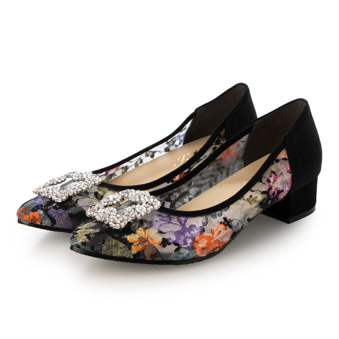 美脚美姿勢チュールパンプス+ビジュー#485-55■ブラック/マルチチュール