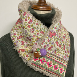 ミニマフラー グドゥリ+インド刺繍リボンｘボア 　飾りピン付き 2枚目の画像