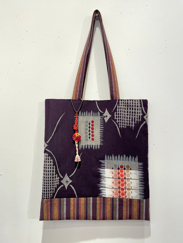 銘仙と縞紬のレッスンバッグ♪A4が余裕で入る トートバッグ サブバッグ