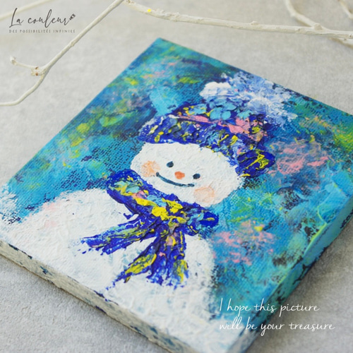 原画】ゆきだるま キャンバス 絵画 ましかく 10cm角 送料無料 (壁掛け