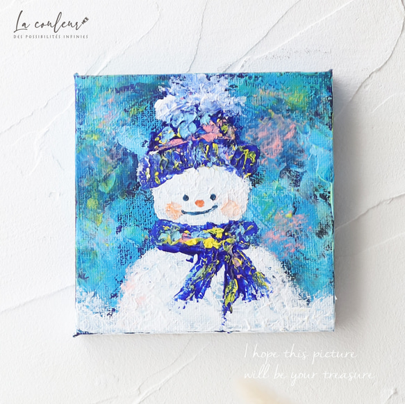原画】ゆきだるま キャンバス 絵画 ましかく 10cm角 送料無料 (壁掛け