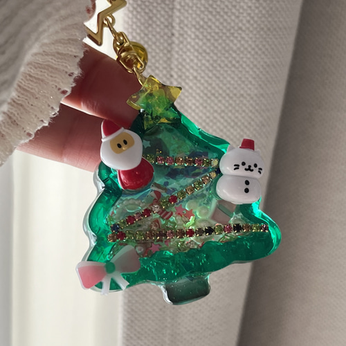 レジン シャカシャカ キーホルダー クリスマスツリー サンタ