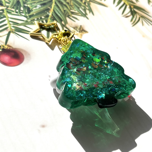 レジン シャカシャカ キーホルダー クリスマスツリー サンタ ねこ