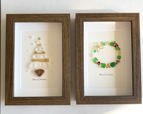 オーダー品】クリスマスツリー・リース・シーグラスアート 置物 壁飾り