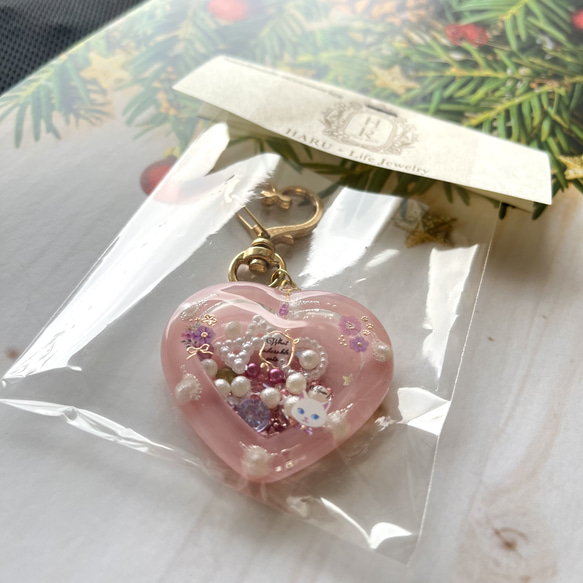 レジン シャカシャカ シェイカー キーホルダー ピンク ハート 猫
