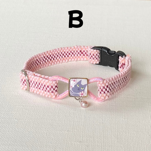 手織りの猫の首輪 レジンチャーム「猫桜」6色 サイズオーダー品 リード
