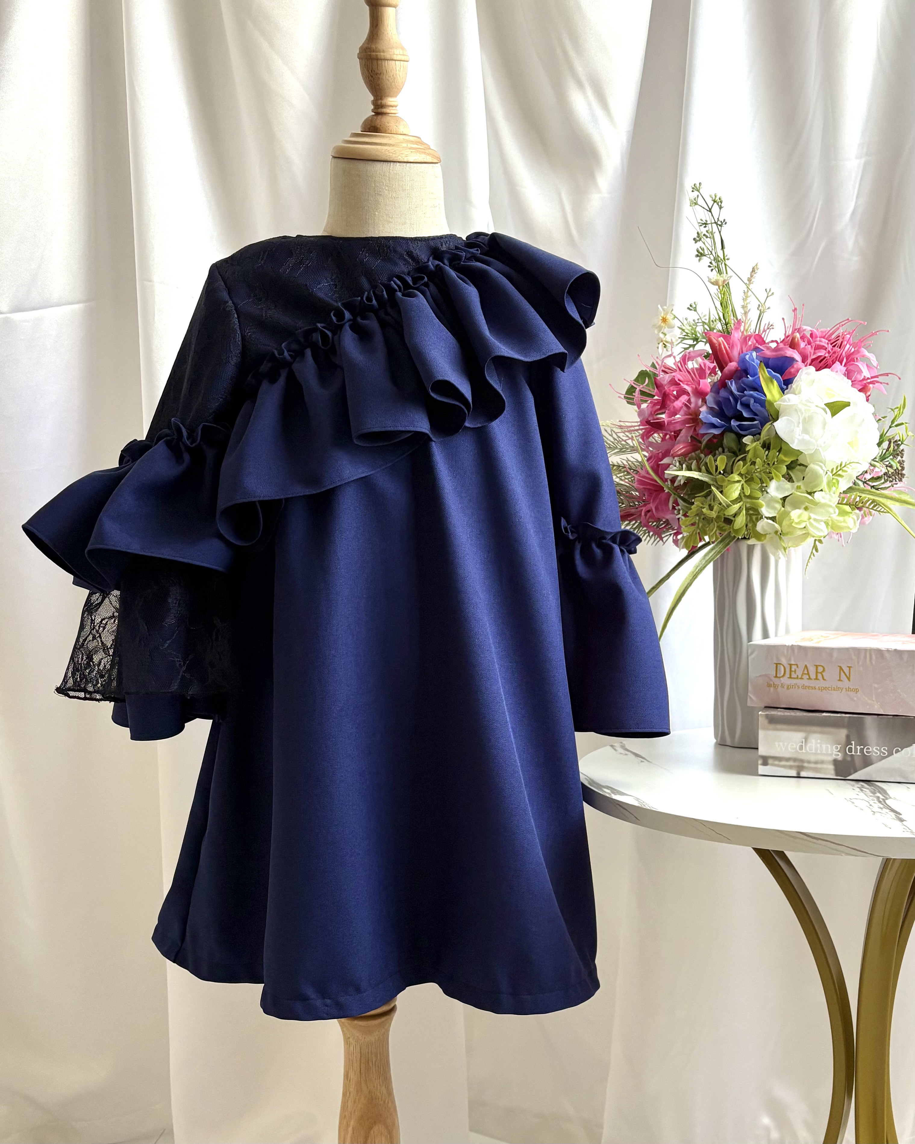 【80-100cm洗濯OK】アシンメトリーフレア装飾ドレスワンピース