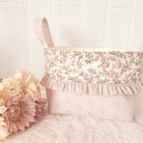 【受注製作】リバティ　布バスケット　ムーンモス　クラシカルピンク リバティムーンモス布バスケット小物入れ花柄ハンドメイド巾着入園