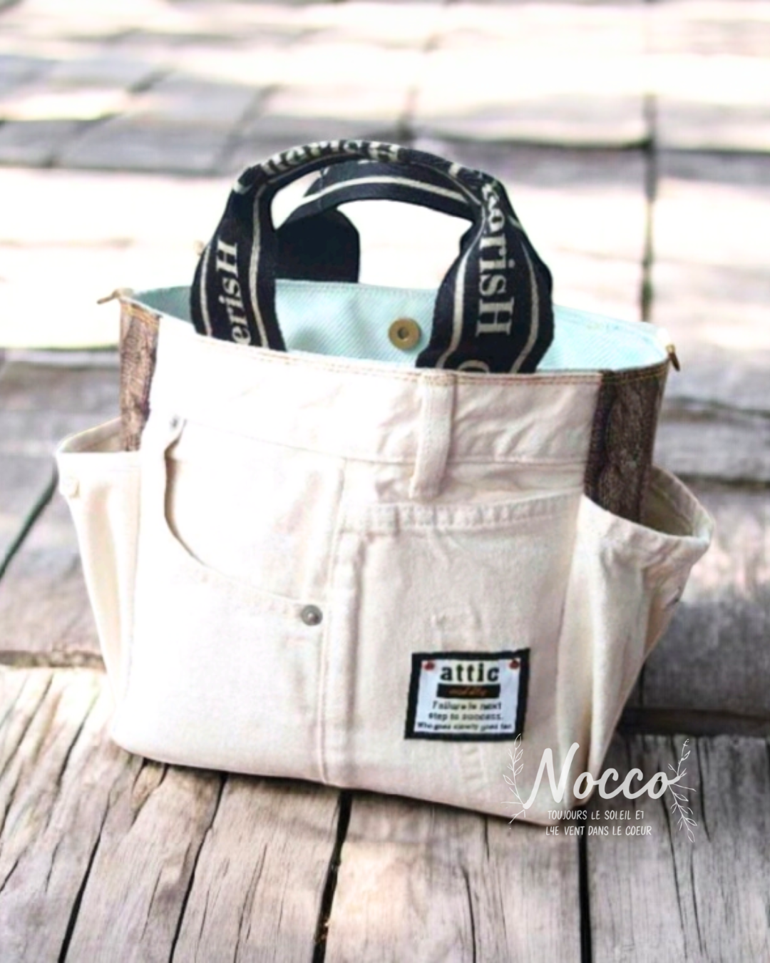 No.596【white DENIM✖️メリヤス柄 サイドポケットToteBAG】白デニムリメイクトートバッグ♡