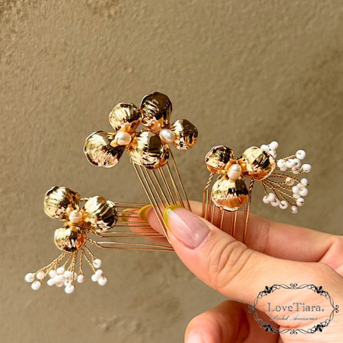 ゴールドフラワーヘアコーム3本set H-190|ウエディング 小枝 結婚式