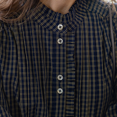 2色 リボン付きフリルとピンタックのブラウス チェック柄【冬春秋