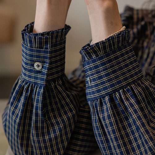 2色 リボン付きフリルとピンタックのブラウス チェック柄【冬春秋