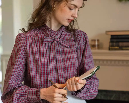 2色 リボン付きフリルとピンタックのブラウス チェック柄【冬春秋