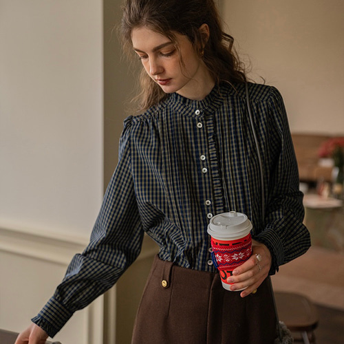 2色 リボン付きフリルとピンタックのブラウス チェック柄【冬春秋