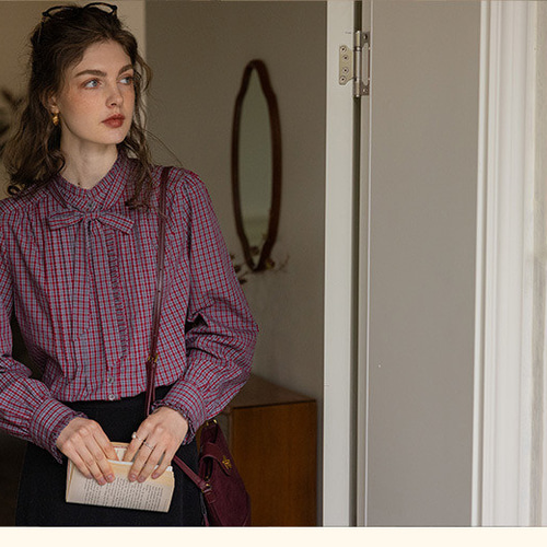 2色 リボン付きフリルとピンタックのブラウス チェック柄【冬春秋