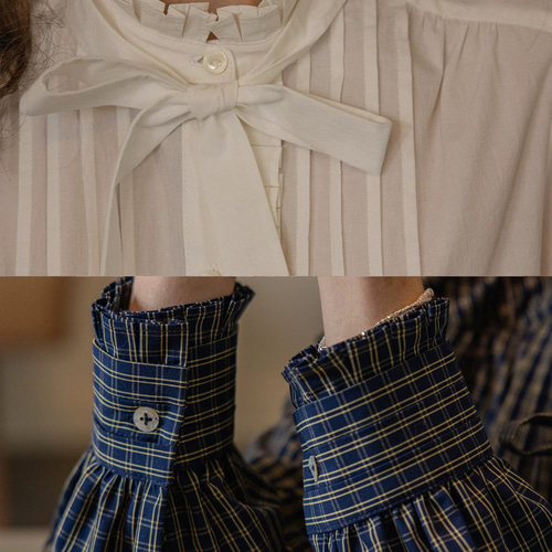 2色 リボン付きフリルとピンタックのブラウス チェック柄【冬春秋