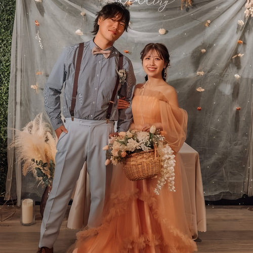 実例写真！パーティードレス 姫袖 ベアトップ 薄桃色 花嫁 拳式 二次会  