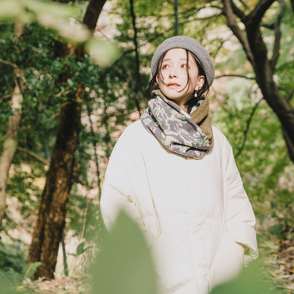 簡単にオシャレしたい！ 二重巻き メルトン フリース リバーシブル スヌード リネン ボタニカル グレー 11枚目の画像