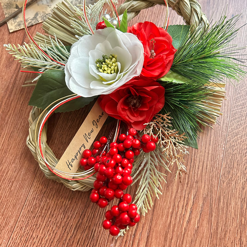 No.370 い草紅白椿と南天のしめ縄リース2025 ハンドメイドお正月飾り