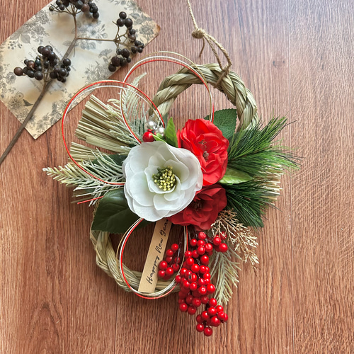 No.370 い草紅白椿と南天のしめ縄リース2025 ハンドメイドお正月飾り