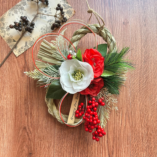 No.370 い草紅白椿と南天のしめ縄リース2025 ハンドメイドお正月飾り