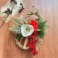 No.370 い草紅白椿と南天のしめ縄リース2025 ハンドメイドお正月飾り