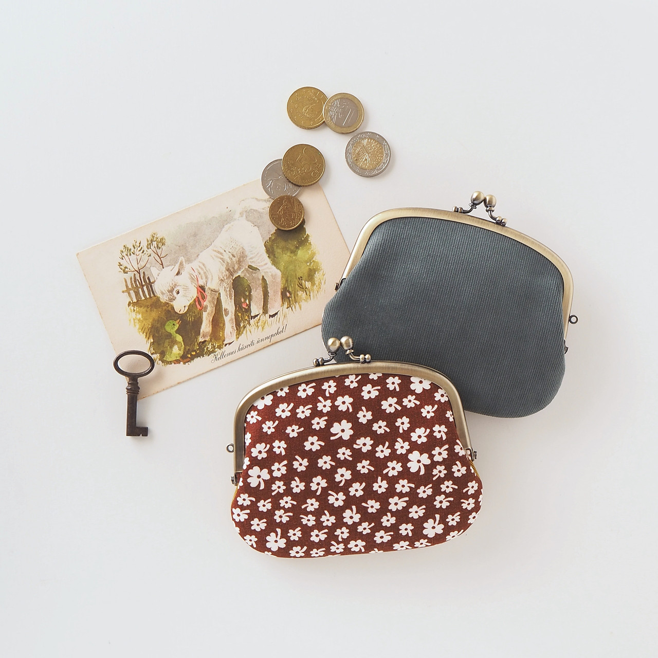 ■ヴィンテージファブリックとフレンチコーデュロイの親子がま口財布【ミニマムサイズ】 / クローバー■ lucas (vf