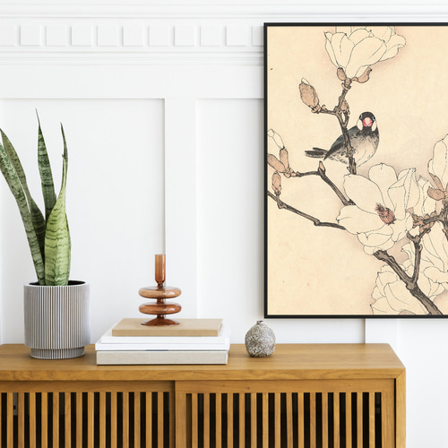 白木蓮と文鳥日本画アートポスターハクモクレンお正月和柄和室☆ハガキ