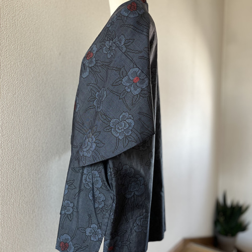 まみこ♡本場大島紬 作務衣 商標有 艶やか芍薬華柄 大人お洒落上衣