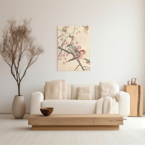 和風花鳥図 肉筆画 小鳥と椿 昭和レトロ 和モダン 古美術 インテリア ツリバナの花鳥図日本画アートポスター☆お正月和柄和室インテリア和