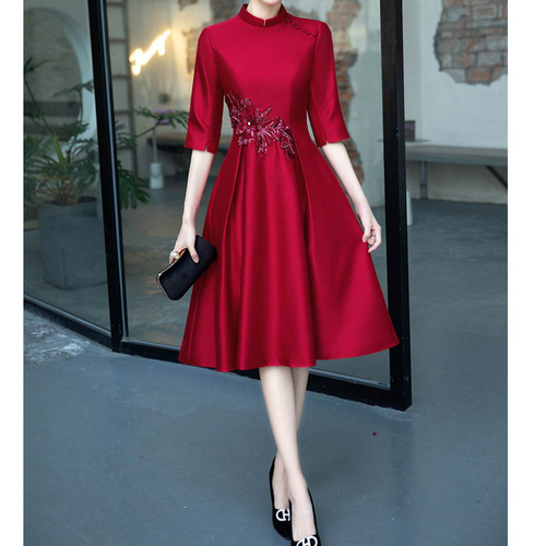 ワンピース ミディアム丈 チャイナドレス エスニック レッド パーティードレス 結婚式 チャイナドレス風ワンピース