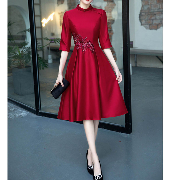 パーティードレス 結婚式 チャイナドレス風ワンピース ミディアム丈 赤
