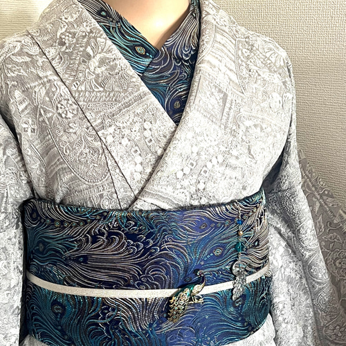輸入ジャガード生地名古屋帯「孔雀」共布バッグ・半衿・根付け