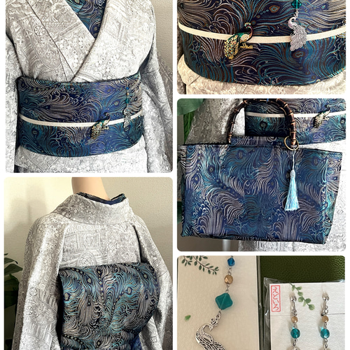 1枚 ファッション 仕立て品 全通柄 孔雀羽ジャガード生地 袋帯／ブラック