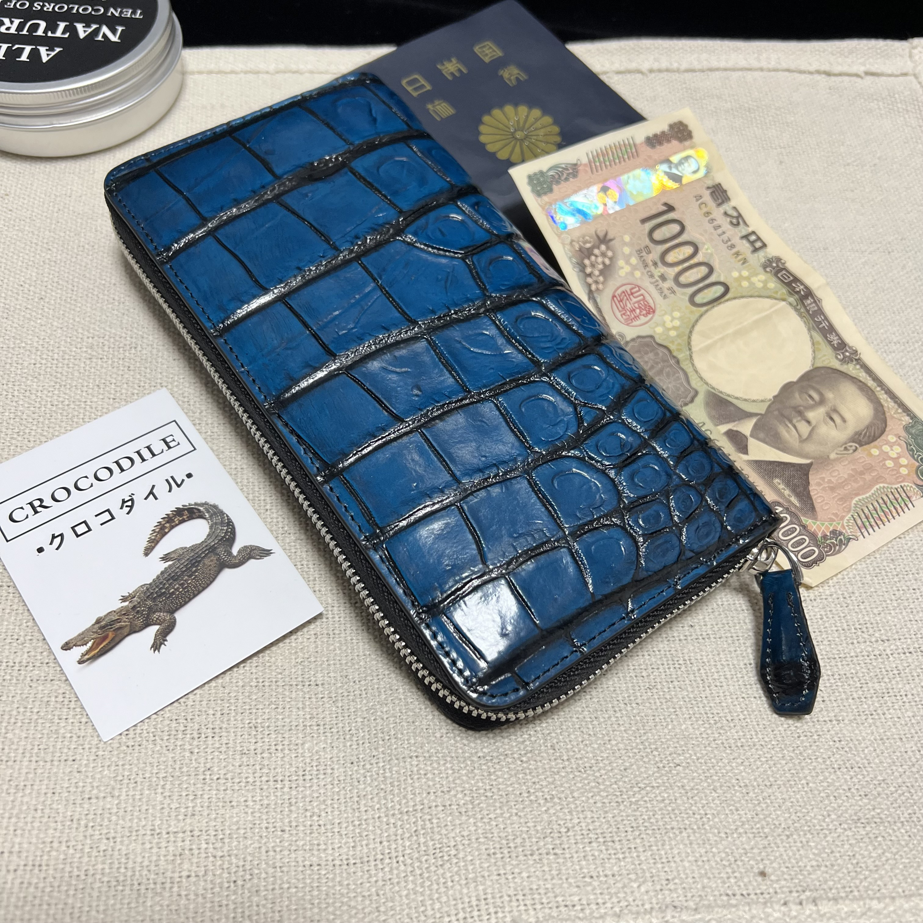クアトロガッティ デニム染め ワニ革マネークリップ財布
