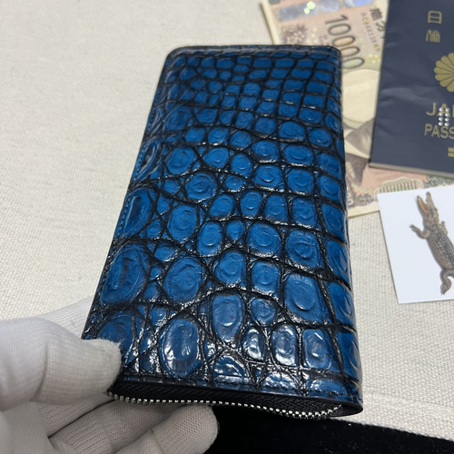 一枚革 最高級藍染めクロコダイル長財布 デニムのよう ワニ革 鰐